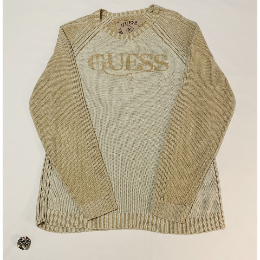 GUESS Vintage Cream Slim Fit Embroidered Knit Sweater - Size M